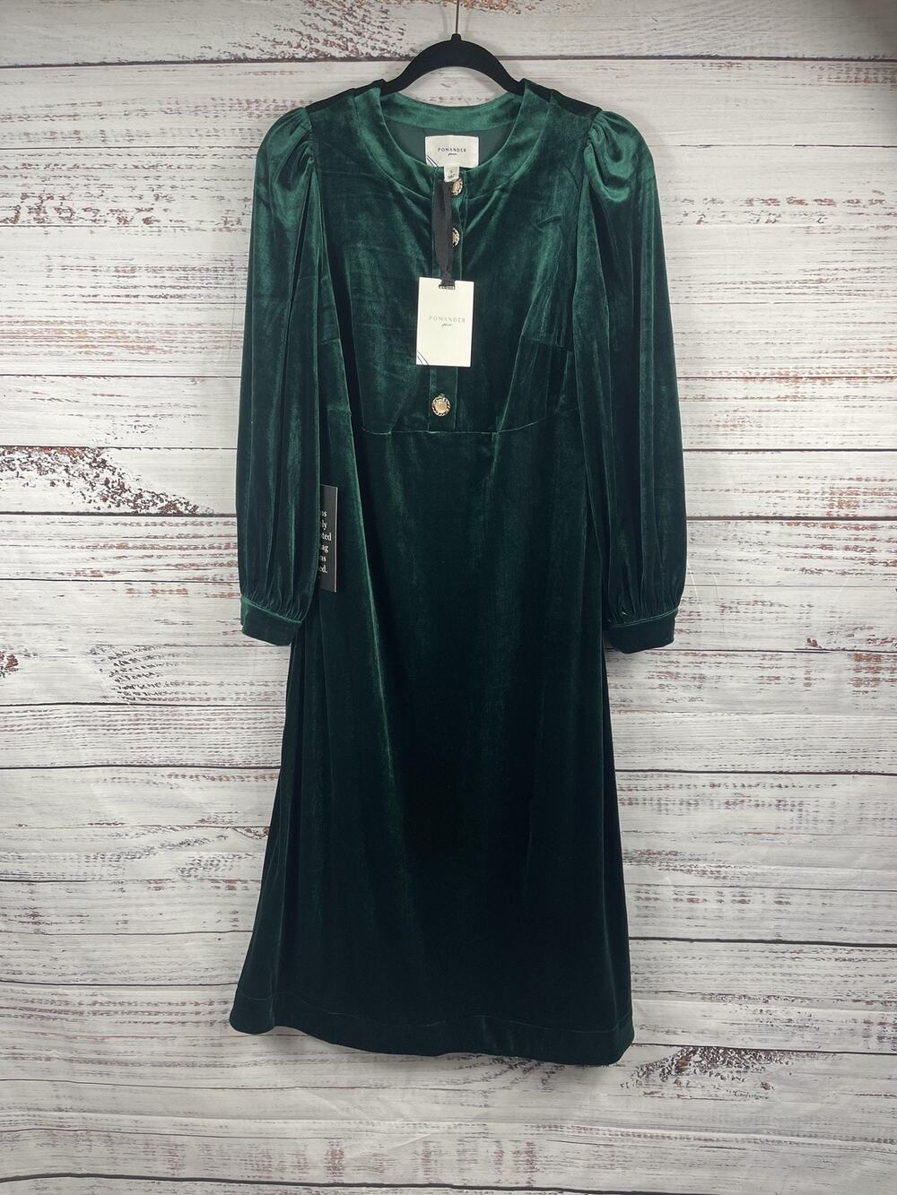 Pomander Place Dress Women's Small Green Velvet Puff Sleeve Shift Midi Holiday